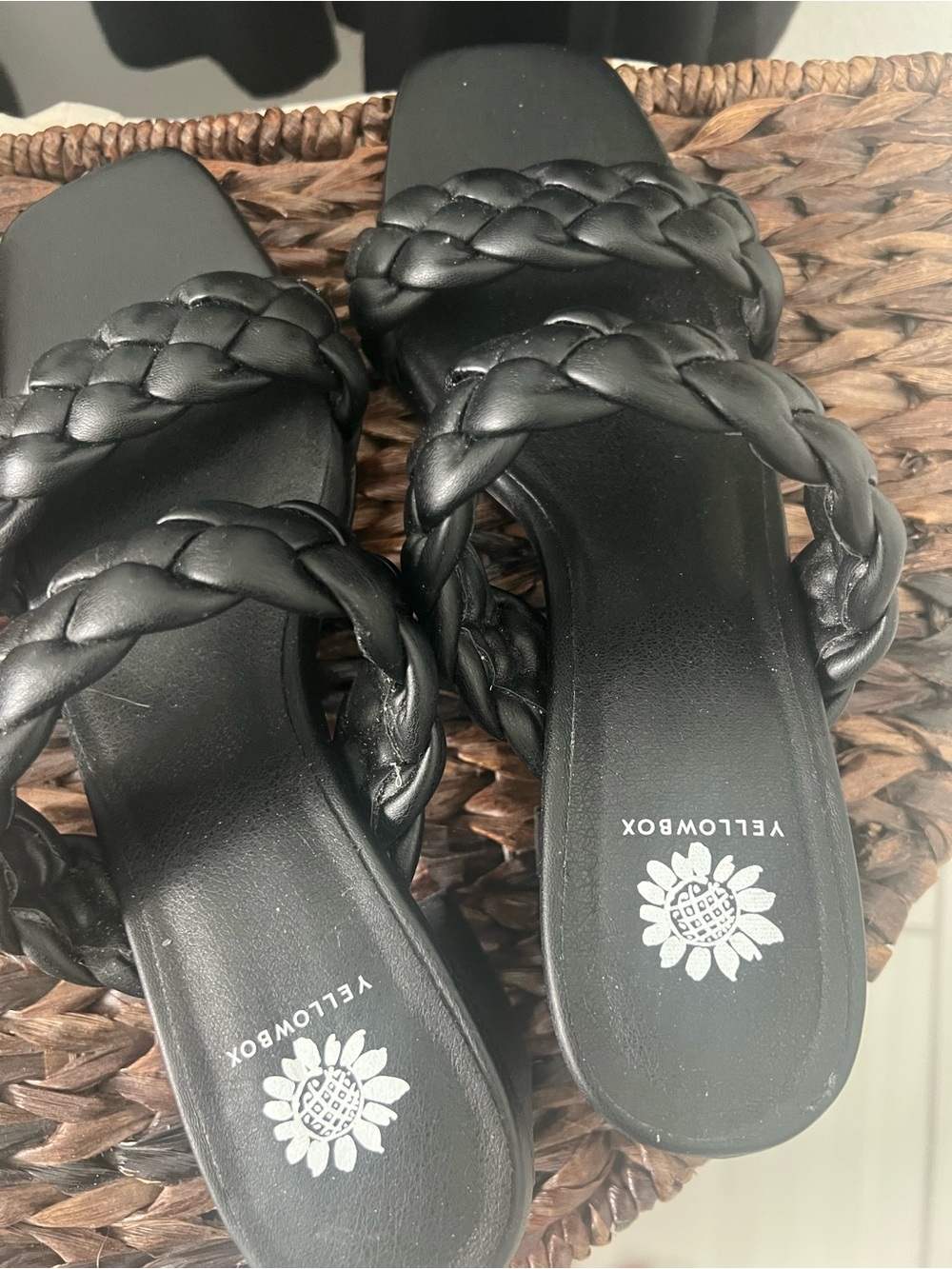 Yellow Box Braided Strap Black Slide Sandals 9.5